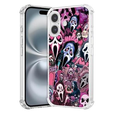 Imagem de Molecpulse Capa de telefone transparente com personagem de filme de terror rosa compatível com iPhone 17, assustador - colagem chique para Halloween e estilo ousado