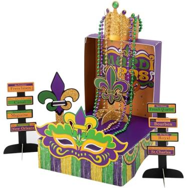 Imagem de Tlswshsy Mardi Gras Table Float Decoration, Mardi Gras Mini Float Centerpiece with Beads and Point Dots, New Orleans Table Topper Decor for Carnival Masquerade Parade Party DIY Crafts Supplies