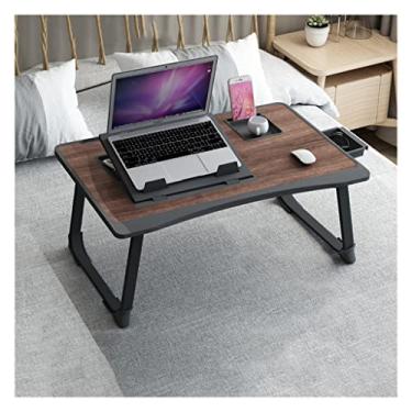 Imagem de Mesa de cama ajustável moderna para laptop, compartimento para cartão/suporte de copo/suporte de telefone celular/gaveta/bandeja de cama dobrável, mesa de escrita para sofá de cama (marrom 59,9 cm)