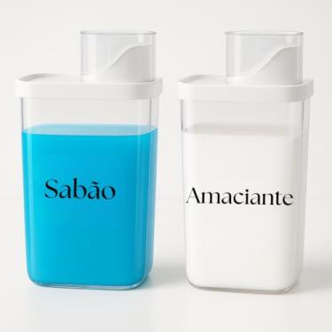 Imagem de Conjunto Dispenser Para Sabão Líquido e Amaciante Recipiente Com Copo Medidor Para Lavanderia Transparente e Branco