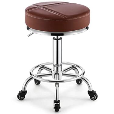 Imagem de BSNANCA Cadeira giratória redonda com rodinhas para escritório salões de beleza bancos de bar com metal cromado 5 garras e rodas, ajustável 44-60 cm (cor: bege) (laranja) (marrom)