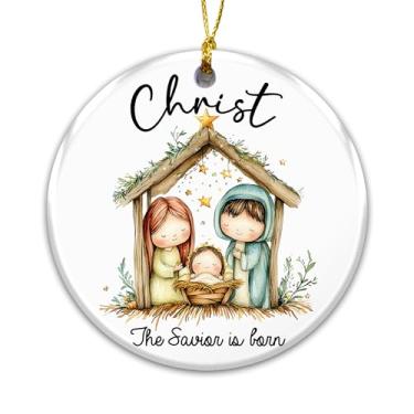 Imagem de Enfeite de Presépio de Cristo 2025 – "Nasce o Salvador" Cena de Manjedoura Sagrada Família Bonita Lembrança de Cerâmica – Decoração de Árvore de Natal Religiosa Cristã para Decoração de Fé Cheia de Fé