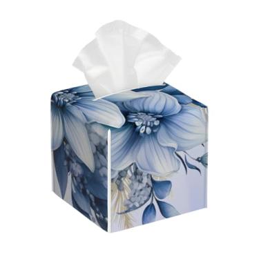 Imagem de Capa quadrada de couro para caixa de lenços de papel à prova d'água, lindas flores, azul, organizador de papel facial com cinto inferior, estojo de lenços para mesa, banheiro, escritório, mesa, carro