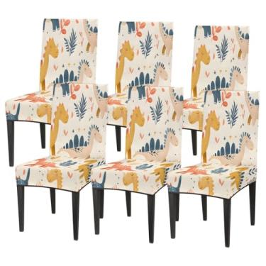 Imagem de hongjinglin Conjunto de 6 capas elásticas para cadeira de sala de jantar, capa protetora de assento de cadeira, flor de dinossauro, fofa, removível, lavável, para cozinha, casa, hotel, banquete, festa