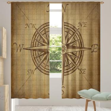 Imagem de 2 conjuntos de painéis de cortinas transparentes retrô com letras de bússola, cortinas transparentes e arejadas com filtro leve, painéis de cortina de porta e janela para sala de estar, quarto, jantar