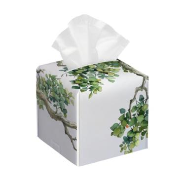 Imagem de Porta-lenços de couro quadrado à prova d'água árvore verde bonito organizador de papel facial com cinto inferior cubo estojo de lenços para mesa, banheiro, escritório, mesa, carro, decorativo
