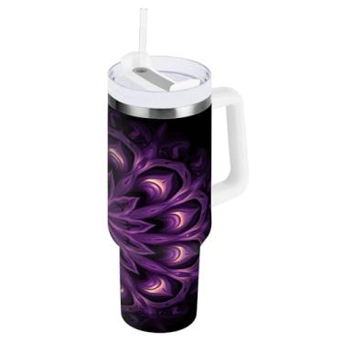 Imagem de Blueangle Copo isolado de 1,134 g com alça e tampa de canudo - Caneca de viagem de aço inoxidável à prova de vazamento, garrafa de água mandala roxa a vácuo de parede dupla (920)