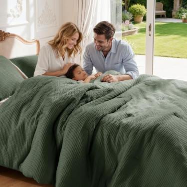 Imagem de Shilucheng Conjunto de edredom queen de algodão waffle – Conjunto de cama de 3 peças com edredom e 2 fronhas, edredom macio e respirável para todas as estações, lavável na máquina, verde-oliva