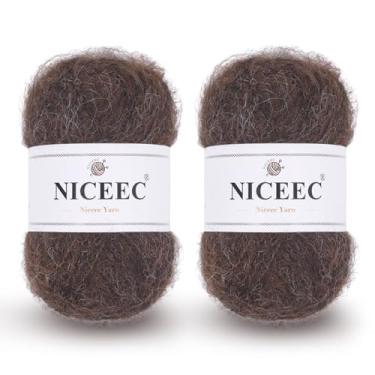 Imagem de NICEEC 2 novelos de fio de mohair de pelo longo, fofo e felpudo, luxuoso e fino, fio de mistura de lã para crochê e tricô, total de 79,9 g/788 m - café