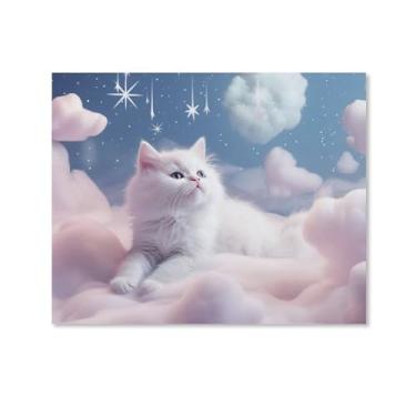 Imagem de HouLaiZhe Pôster de animal bonito gato branco rosa lona estética pôsteres decoração de quarto pintura de parede galeria decoração de parede para quarto sala de estar escritório 16 x 20 polegadas (40 x