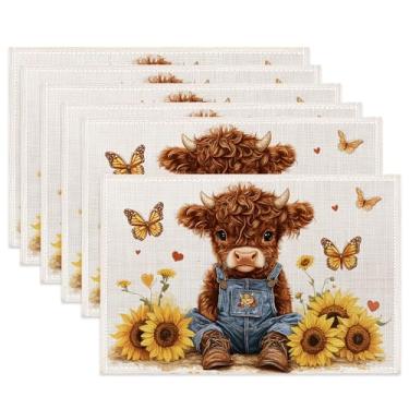 Imagem de Jogo americano bonito de vaca Highland Conjunto de 6, jogo americano de tecido de borboleta de girassol rústico antiderrapante para sala de jantar, cozinha, festa, férias, tapetes de mesa de pano para