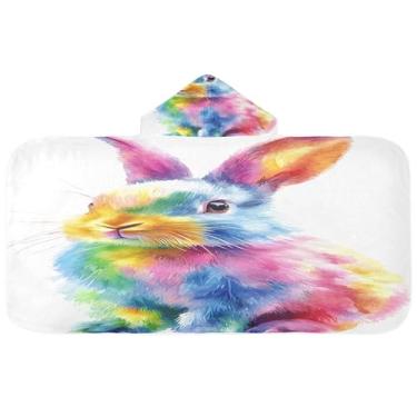 Imagem de Burbuja Toalha de banho com capuz de coelho colorido para crianças, toalha de praia de pelúcia macia absorvente para chá de meninas e meninos 3-10 anos, 61 x 127 cm