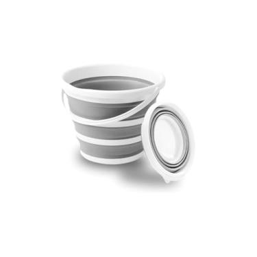 Imagem de Balde Dobrável 10 Litros com Tampa e Suporte para Celular, Plástico Resistente, Portátil, 41,5x32,5 cm, Branco/Cinza