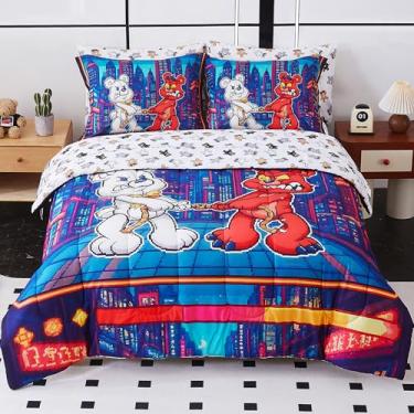 Imagem de Viviland Jogo de cama infantil retrô neon City com ursos de fliperama, conjunto de edredom de tamanho casal, com tema retrô de fliperama para crianças