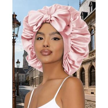 Imagem de Touca de cabelo de seda ajustável para mulheres com faixa de gravata para cabelo encaracolado natural e cacheado rosa