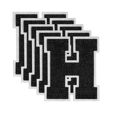 Imagem de GBTBYS 5 peças de adesivos de letras universitárias de 11,4 cm preto chenille ferro em letras patch para mochilas, aplique bordado, jaqueta com capuz, bolsas de Natal, festa de aniversário H