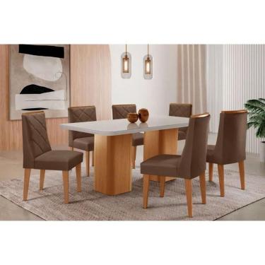 Imagem de Sala Jantar Mesa Maldivas Tampo c/ Vidro Curvo 180cm+6 Cadeiras Pietá Madeira Naturale/Off White - Capuccino/Suede Marrom - Rufato