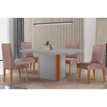 Imagem de Sala Jantar Mesa Pietá Tampo c/ Vidro Curvo 120cm+4 Cadeiras Dakota Madeira Naturale/Off White - Capuccino/Linho Capuccino - Rufato