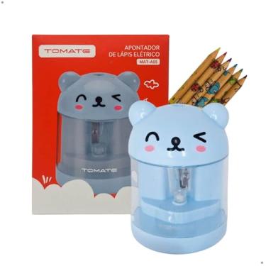 Imagem de Apontador De Lápis Automático Elétrico Ursinho a Pilhas com Depósito Apontador Escolar Infantil Azul