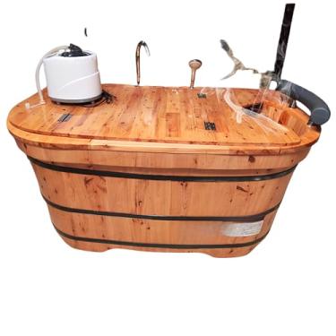 Imagem de OGOLOUG Banheira profissional de cedro de madeira de cipreste natural 170 x 76 x 66 cm - Grau comercial para spas, mangueira de drenagem e conjunto de acessórios (cor de madeira, 120 cm)