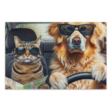 Imagem de Quebra-cabeça de 500 peças, cachorro e gato com óculos de sol dirigindo carro jogo de arte de parede para casa quebra-cabeça engraçado para adultos e crianças, 52 cm C x 37,8 cm L