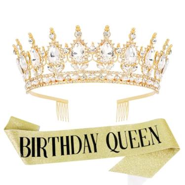 Imagem de Vovii Conjunto de coroa e faixa de aniversário para mulheres, tiara de strass dourado e faixa de aniversário queen para mulheres, decorações de festa de feliz aniversário para coroa de aniversário,