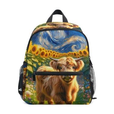 Imagem de GAIGEO Sunflowers Highland Cattle Calf Toddler School Backpack, 10x4x12 In, Small Backpack for Girls Includes Water Bottle Pockets, Whistle Clip for Safety