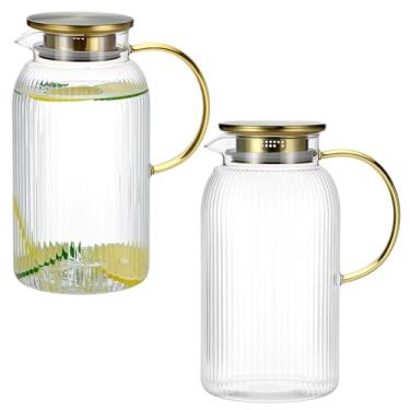 Imagem de QWORK Jarra de vidro com tampa, pacote com 2 garrafas de borossilicato resistente ao calor de 2L com tampa de filtro de aço inoxidável, jarro de água com listras verticais para bebidas quentes e frias