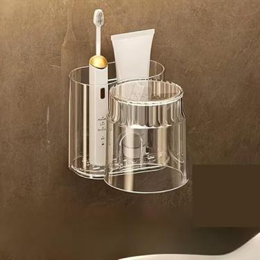 Imagem de Suporte de escova de dentes montado na parede com copo de gargarejo - sem broca, organizador de banheiro com economia de espaço para pasta de dente e escovas, branco