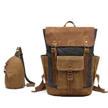 Imagem de Mochila De Lona Encerada Com Aba De Couro SintéTico,ImpermeáVel, Grande Capacidade,Com Bolso Peitoral, AlçAs AjustáVeis, Ferragens Em Bronze Antigo, Ideal Para Viagens E Uso DiáRio