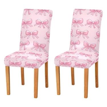 Imagem de SEHANY Conjunto de 4 capas de cadeira com laço de bolinhas rosa para sala de jantar, elástico, removível e lavável, para cozinha, hotel, festa, Natal