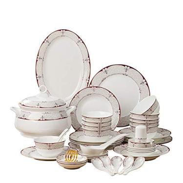 Imagem de Conjuntos de jantar Conjunto de utensílios de mesa de cerâmica Bone China Tigelas e pratos Casa Hotel Restaurante Conjunto de cerâmica (Cor: Branco Tamanho: 56PC)