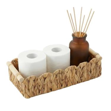 Imagem de Cestas de armazenamento de jacinto de água com borda recortada e alças de madeira – Caixas organizadoras decorativas para banheiro, prateleira sobre vaso sanitário, sala de estar, quarto, mesa de