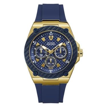 Imagem de GUESS Relógio masculino de quartzo de aço inoxidável com pulseira de silicone, Azul/dourado/azul, Legado