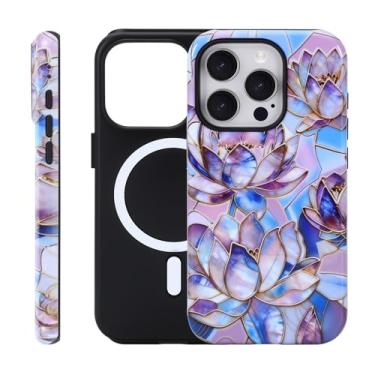 Imagem de Fourmor Capa para iPhone 15 Pro - Carregamento sem fio para MagSafe, capa externa rígida de policarbonato + capa protetora interna de TPU macio de 2 camadas, estampa abstrata de lótus roxo 3D