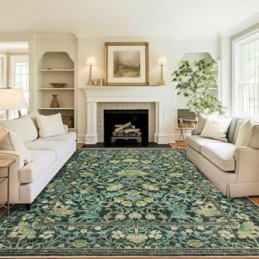 Imagem de Tapetes de área de 20 x 25 cm, tapetes William Morris para sala de estar, tapete lavável resistente a manchas, tapetes vintage verde floresta para quarto, sala de jantar, tapete com estampa floral