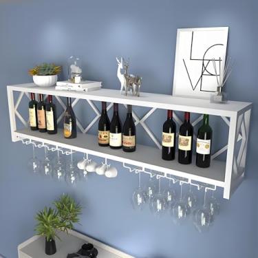 Imagem de Rack de vinho montado na parede - Prateleiras de bar flutuante com suporte de vidro, prateleira de exibição de garrafa de licor multifuncional para bar doméstico e cozinha - Design branco moderno (60