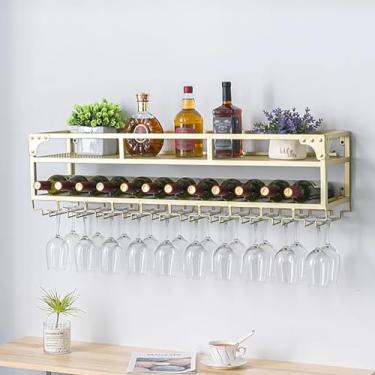 Imagem de Rack de vinho montado na parede com suporte de vidro, prateleiras flutuantes de unidade de bar, suporte de garrafa multifuncional rack suspenso rack de copo de vinho invertido, prateleira de