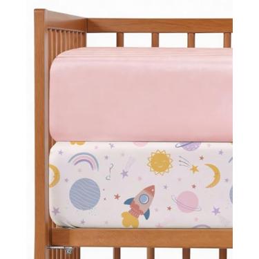 Imagem de Pacote com 2 lençóis de berço com elástico – Pacote N Play para colchão – Roupa de cama macia para meninos e meninas – Sem desbotamento e rugas – Oeko-Tex – 96,5 x 61 cm, Space Girl