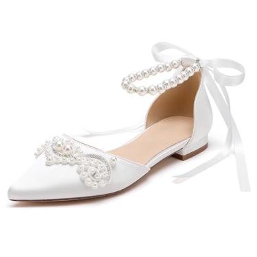 Imagem de Hyinlays Sapatos femininos de casamento pérola para noivas, sapatos rasos, bico fino, sapatilhas, vestido de festa de formatura, Marfim, 38