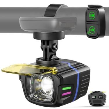 Imagem de ABROML Luz de bicicleta de controle remoto compatível com suporte Garmin/GoPro, farol de bicicleta de farol alto e baixo de 1300 lúmens com capa de neblina, recarregável e descarga USB, à prova d'água