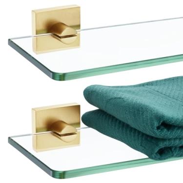 Imagem de KOKOSIRI Prateleiras de parede de vidro temperado flutuante de 50 cm para banheiro, cozinha, suporte para pendurar no chuveiro, 2 unidades de aço inoxidável dourado B1107BG-L20-P2