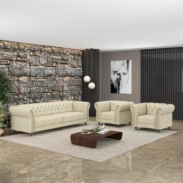Imagem de Conjunto Sala de Estar 1 Sofá Living 240cm e 2 Poltronas Stanford Chesterfield Pés Madeira Couro Off White G58 - Gran Belo