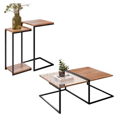 Imagem de Kit Mesa Lateral e Mesa de Centro Industrial com Espelho