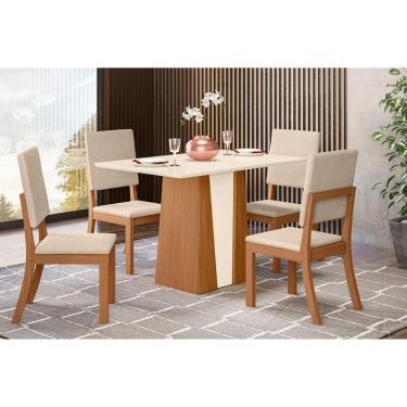 Imagem de Conjunto: Mesa De Cozinha Orus Tampo Madeirado C- Vidro 120x80cm E 4 Cadeiras Milla Nature-linho - Henn