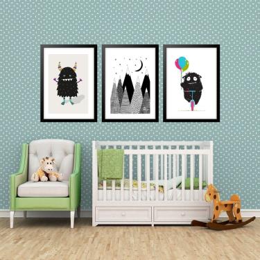 Imagem de Kit 3 Quadros Grandes Quarto Infantil Monstrinho 60X48Cm