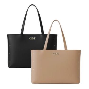 Imagem de Bolsa Sacola Feminina Grande De Ombro Kit 2 Peças - CINF, Preto, Amênd