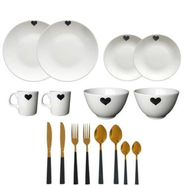 Imagem de Aparelho de Jantar e Talheres Aço Inox Dourado 16 Peças Serve 2 Pessoa