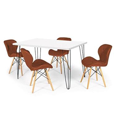 Imagem de Conjunto Mesa de Jantar Hairpin 130x80 Branca com 4 Cadeiras Eiffel Slim - Marrom