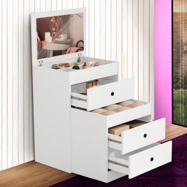 Imagem de Comoda Para Maquiagem 3 Gavetas Banqueta e Espelho Branco Shop JM